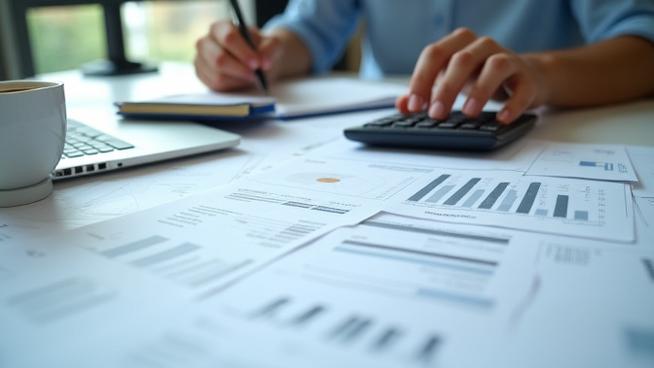 A person contemplating over financial documents and calculator, representing thoughtful debt management.